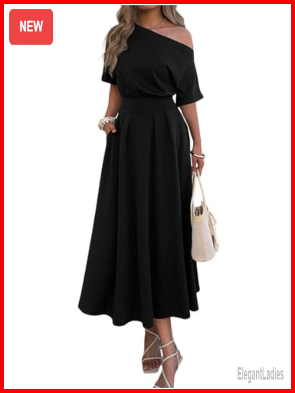 Elegant One Shoulder Empire Waist Maxi Dress with Pockets Batwing Sleeve A-Line